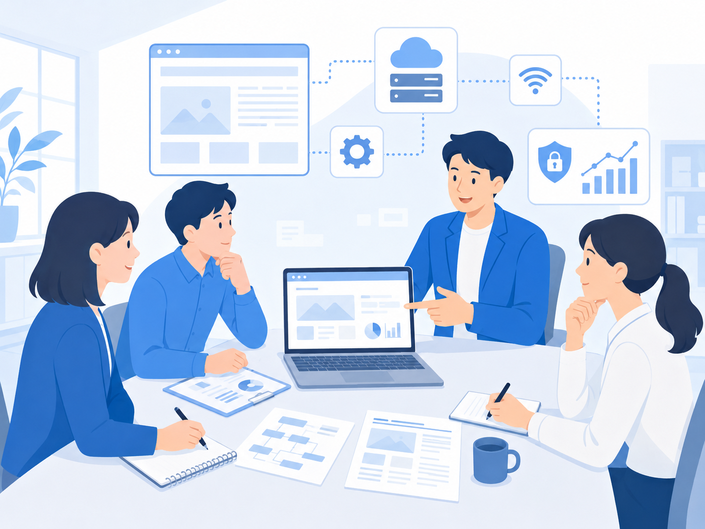 WebとITの相談内容をまとめて確認しているオフィス風景