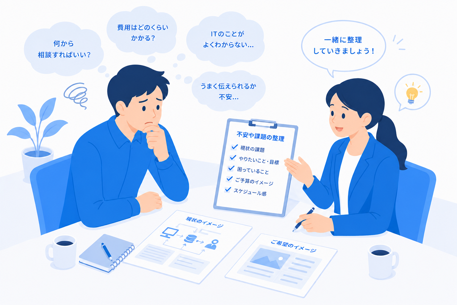 相談前の不安を整理している打ち合わせ風景